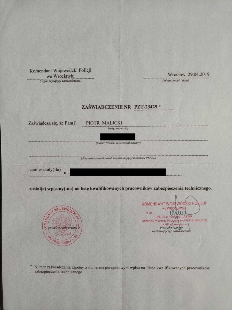 Zaświadczenie nr PZT-23429