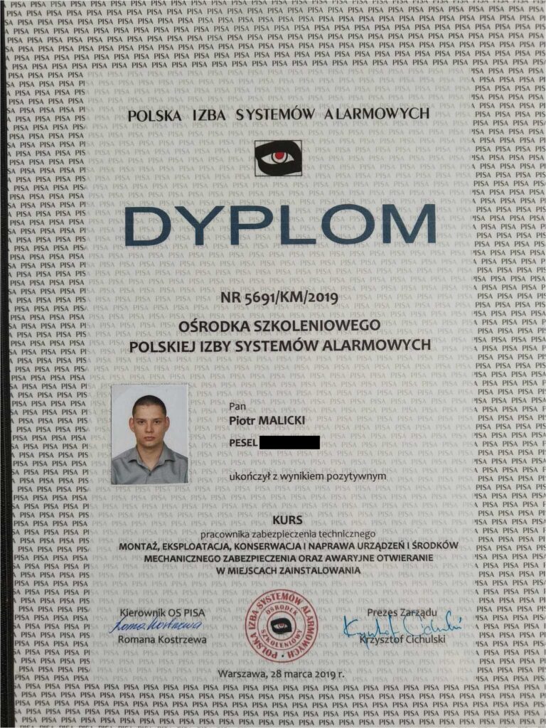 Dyplom ośrodka szkoleniowego polskiego izby systemów alarmowych